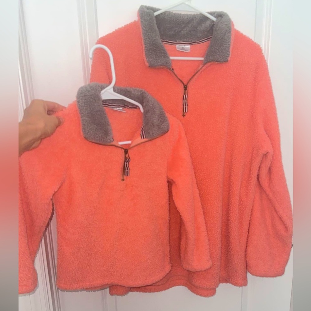 Boutique mommy(XL) and me(XL-6/7), Coral Sherpa zip pull over sweater